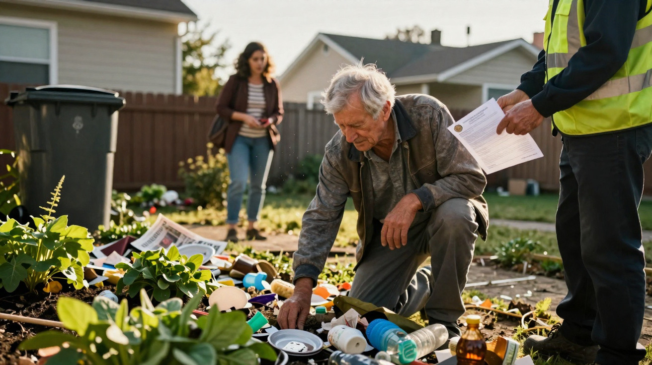 Elderly man sorting through scattered recycling in garden while woman and worker observe in background.