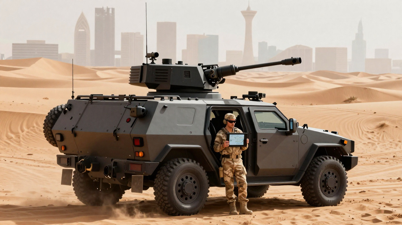 Military soldier holding tablet standing beside armoured vehicle in desert with city skyline in background.