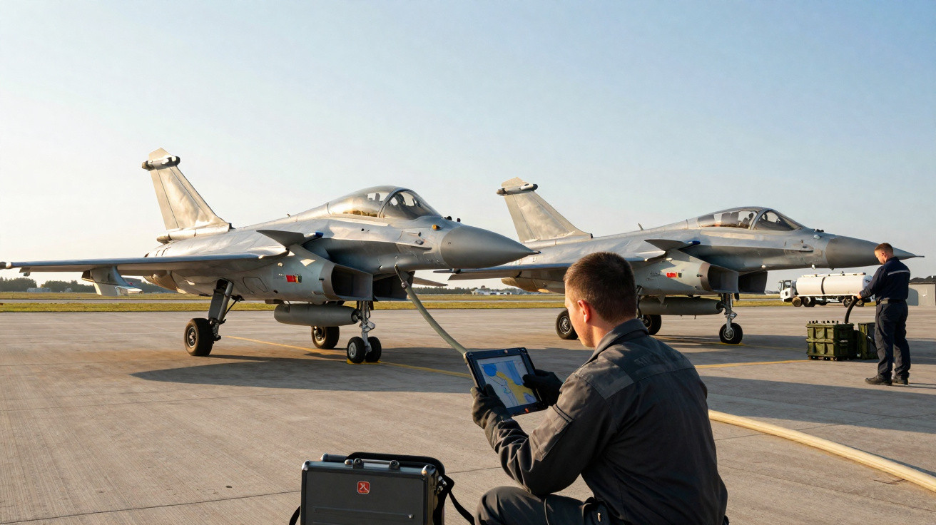 Two fighter jets on runway with two personnel operating equipment and monitoring controls.