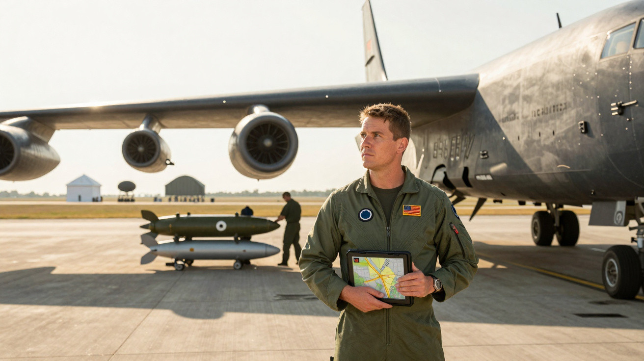 Military pilot in green flight suit holding a tablet stands by a large aircraft on an airbase.