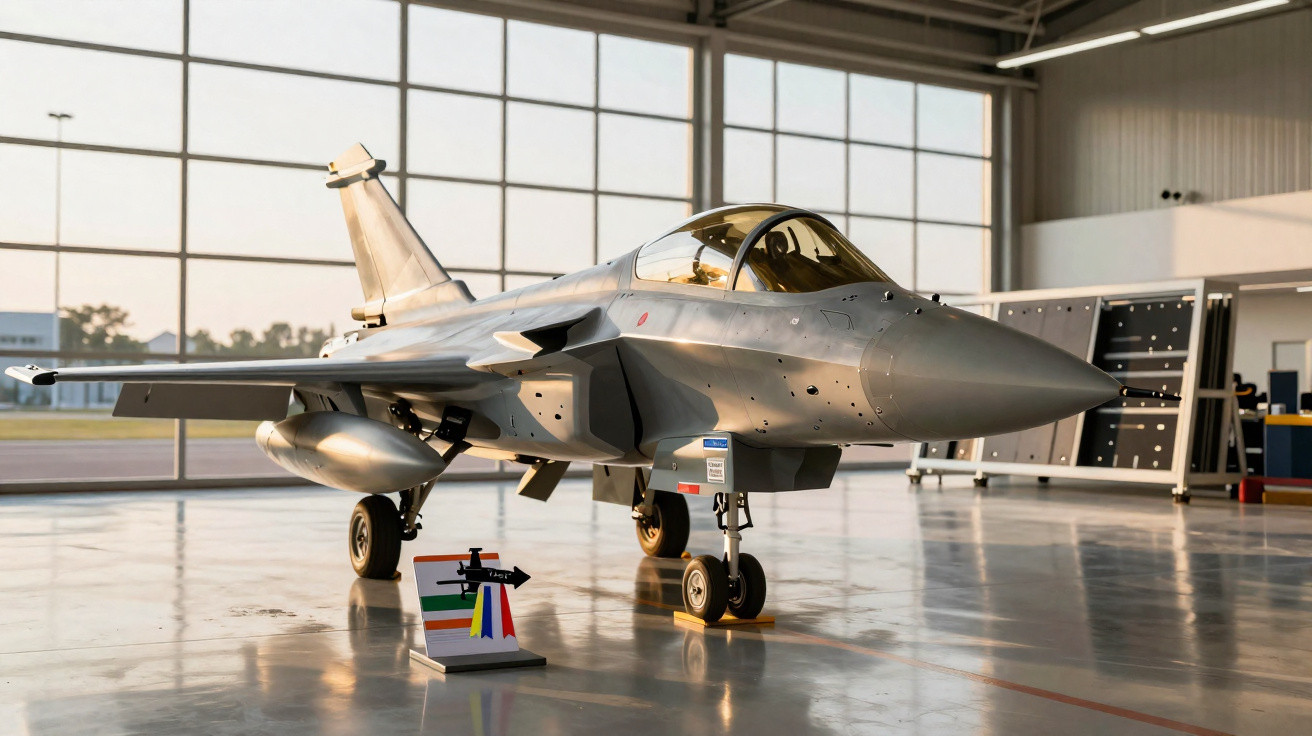 Modern grey fighter jet parked inside a spacious, well-lit aircraft hangar with large windows.