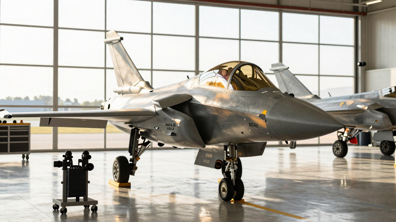 Silver military jet aircraft parked inside a well-lit hangar with large windows in the background.