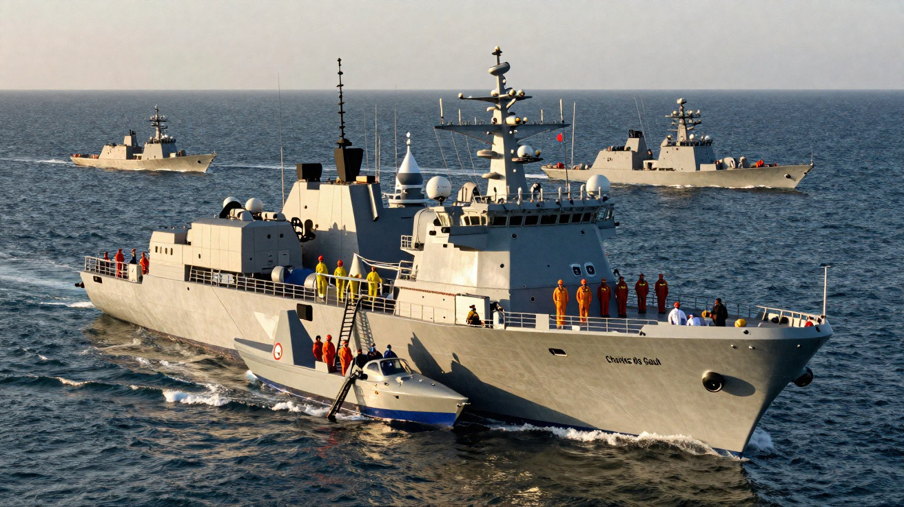 Three naval warships and a small boat on calm sea with crew members on deck in daylight.
