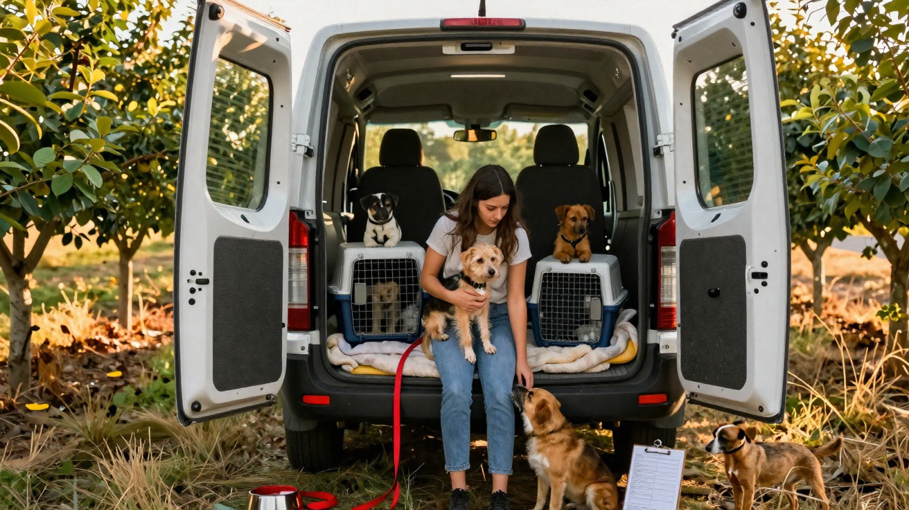 Woman sitting in open van holding small dog with other dogs inside and around the vehicle in an orchard.