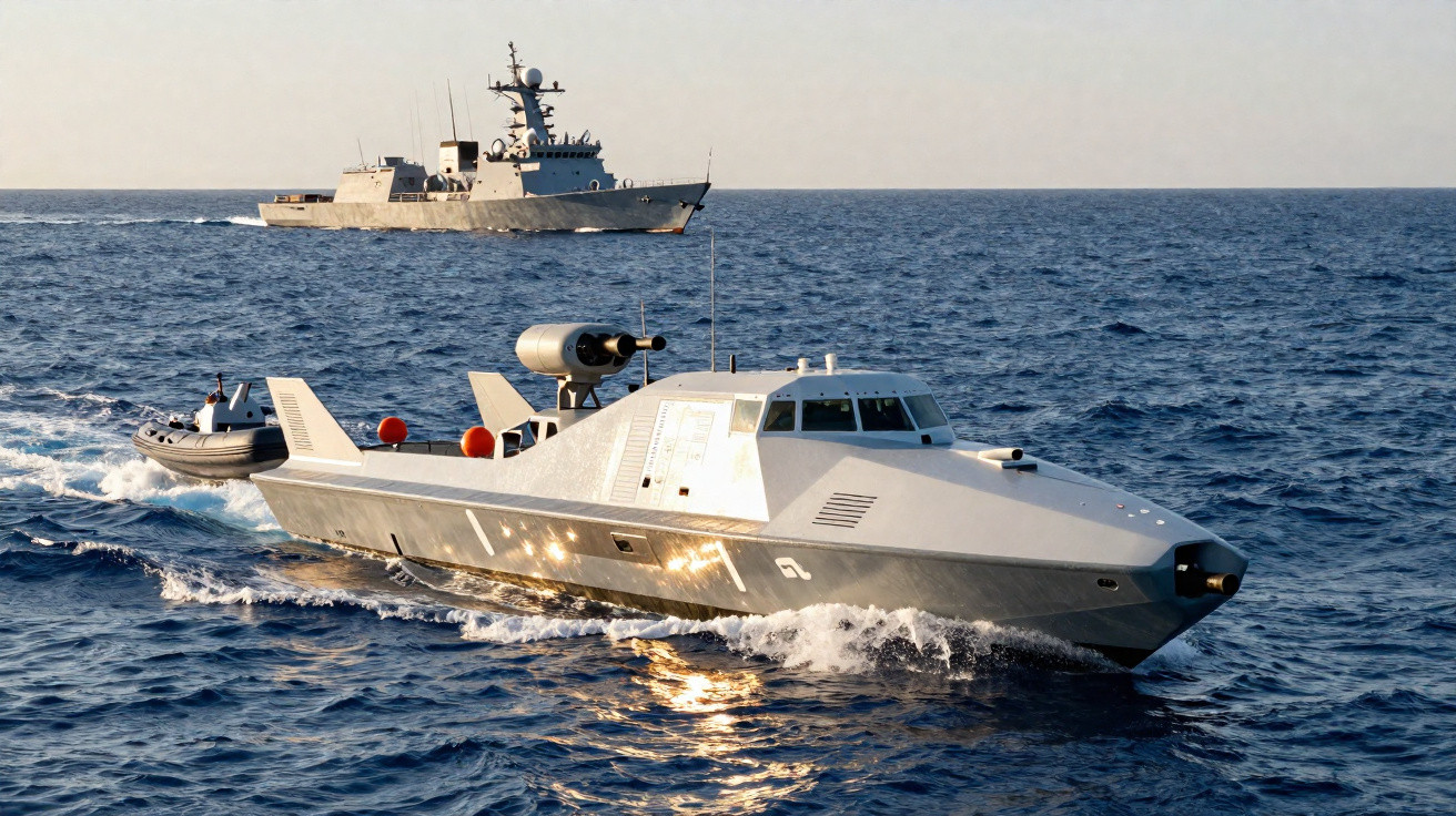Unmanned naval vessel cruising on the sea with a military ship in the background under clear sky.