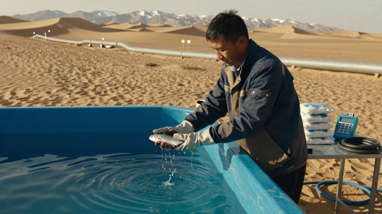 Man in gloves holding a fish over a blue water tank in a desert with mountains in the background