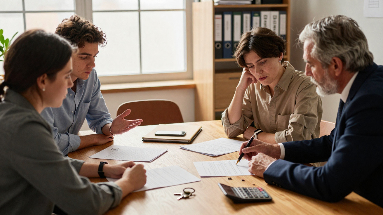 Four people in a business meeting discussing documents around a table with a calculator and keys.