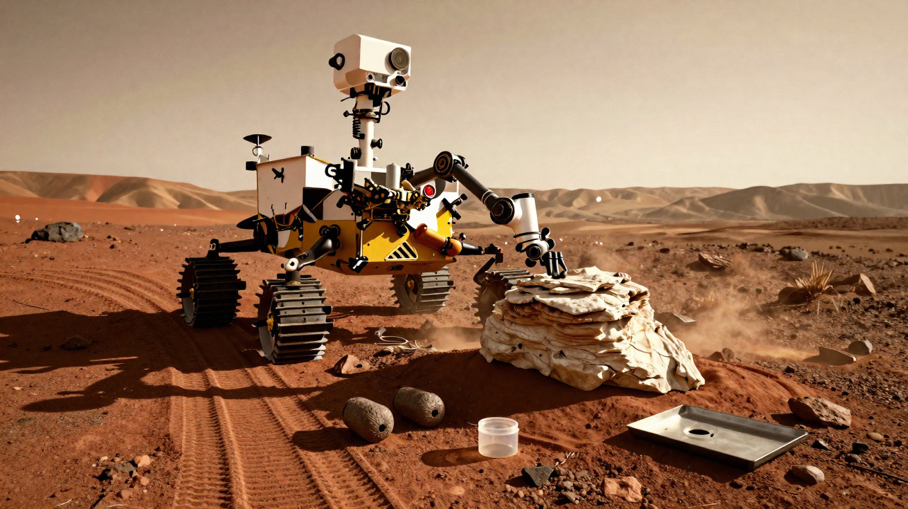 Mars rover analysing a layered rock formation on the red planet's dusty surface with hills in the background.