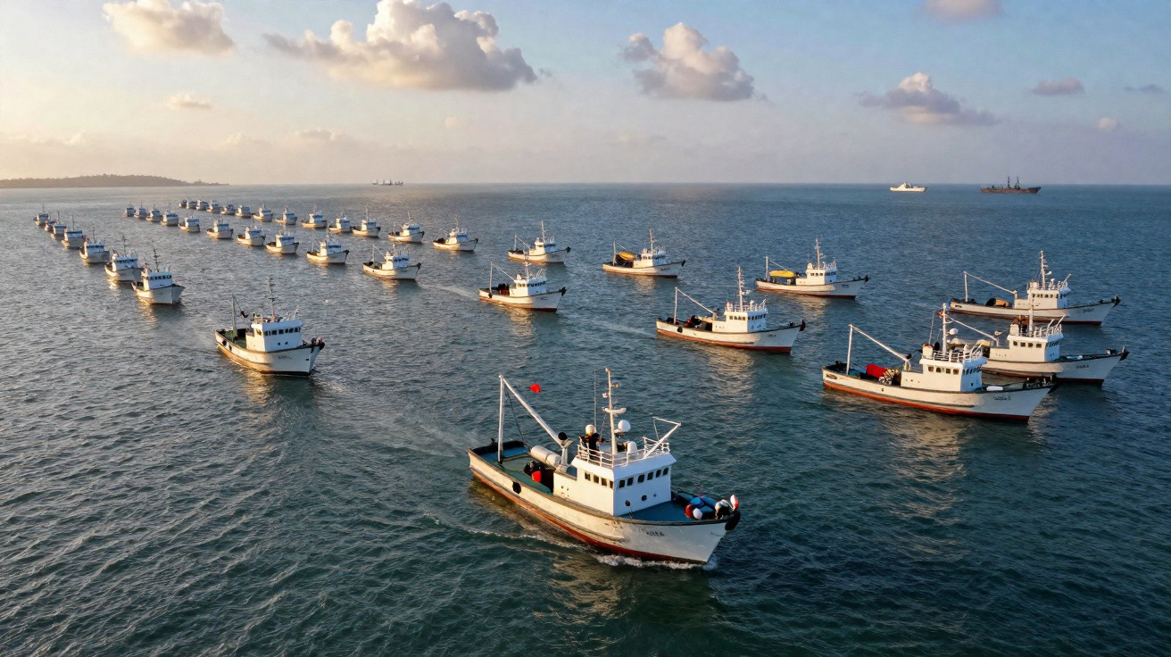 Multiple fishing boats sailing in formation on calm sea under a partly cloudy sky at sunset.