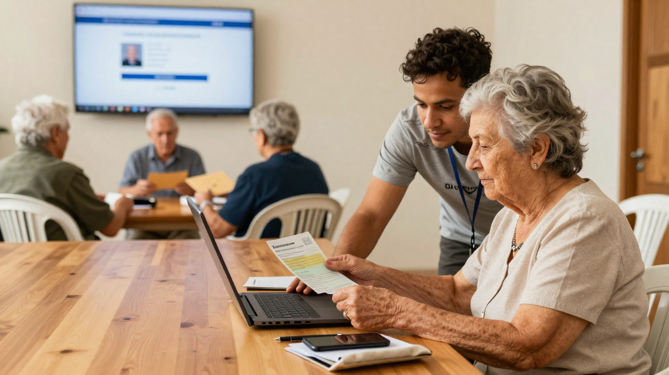 Young man assisting elderly woman with paperwork using a laptop in a group learning setting.
