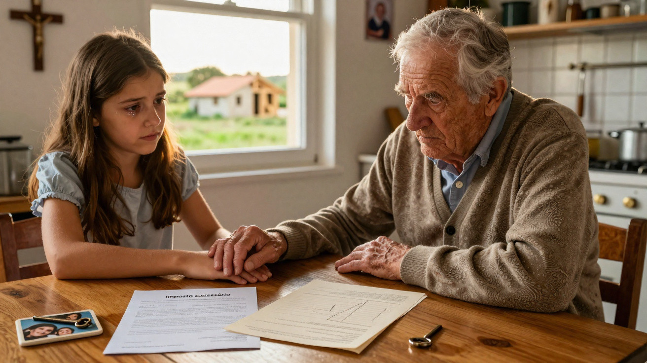 An elderly man holding hands with a young girl at a table with documents and a photograph in a kitchen.