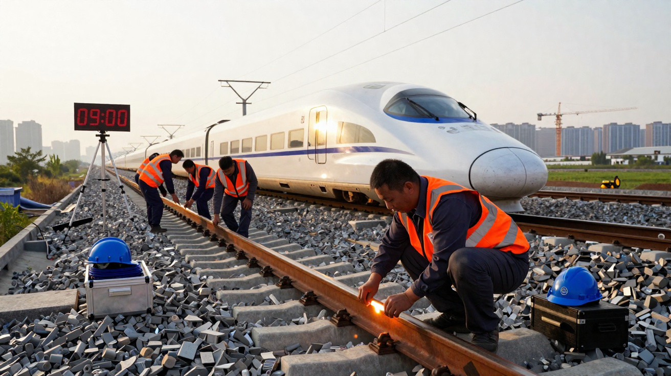 Rail workers in orange vests perform maintenance on a high-speed train track at sunrise.