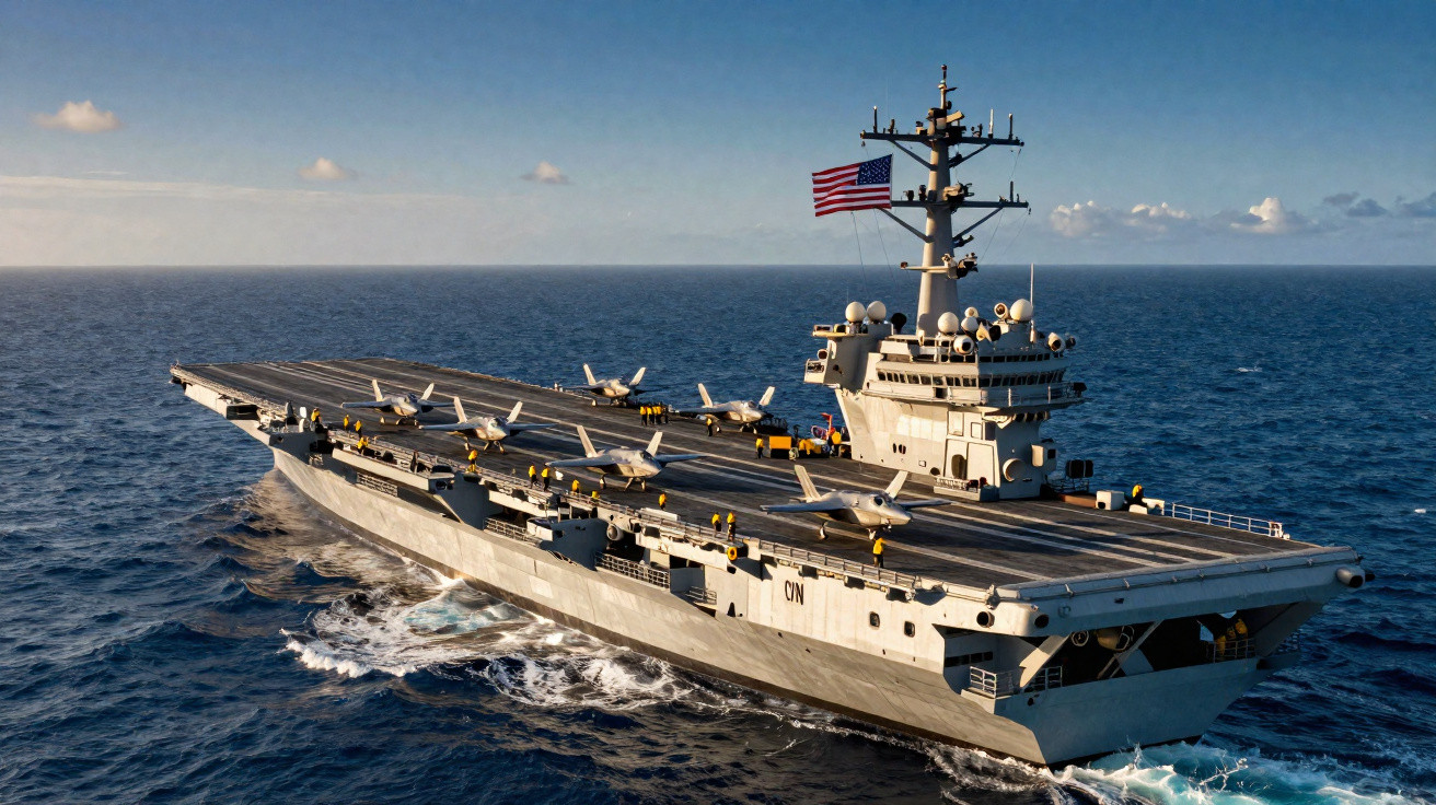 US aircraft carrier sailing on calm ocean with fighter jets lined up on deck under blue sky