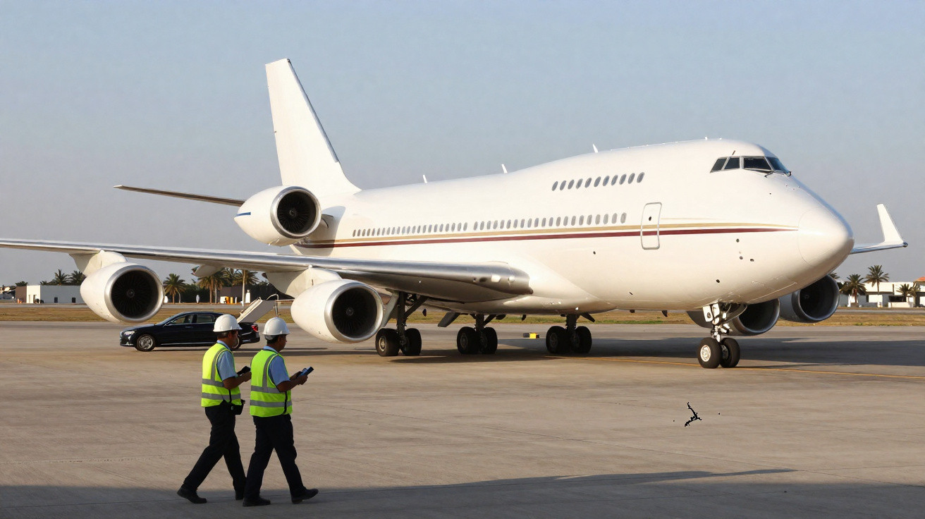 Large white private jet on tarmac with two workers in high-visibility vests and helmets walking nearby.