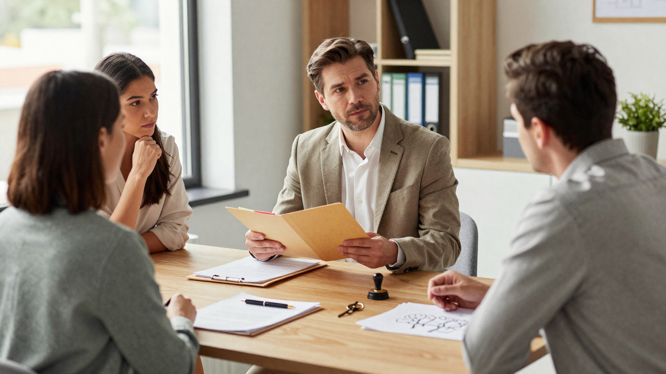 Four professionals having a serious discussion around a wooden table in a modern office setting.