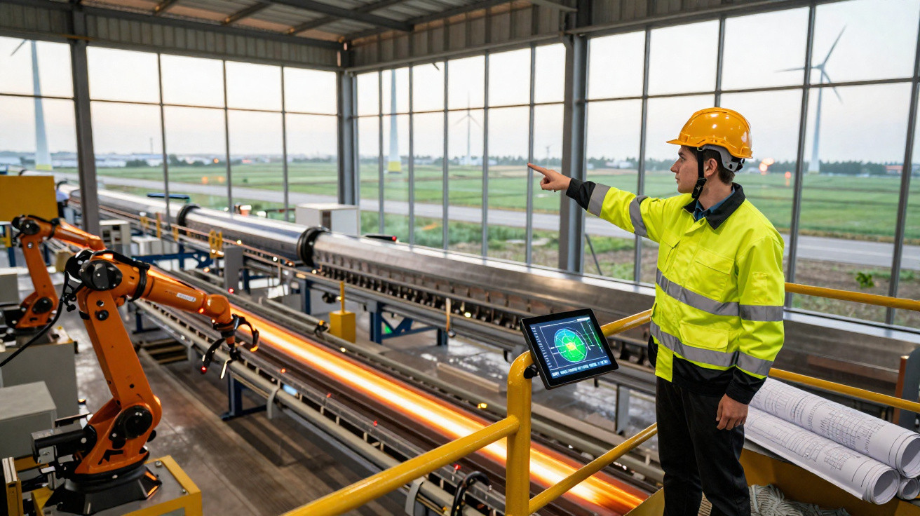 Engineer in high-visibility jacket and helmet pointing in an automated factory with robotic arms and control screens.