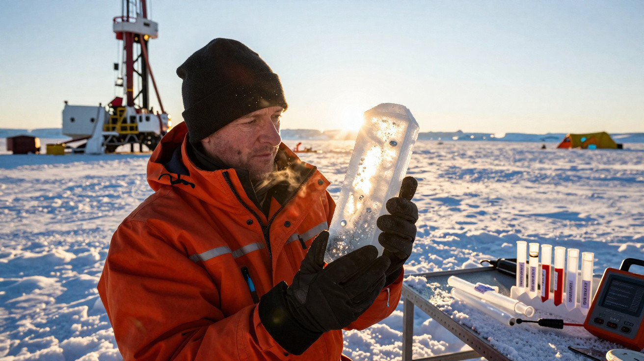 Scientist in orange jacket examining an ice core sample in a snowy Arctic research station at sunset.