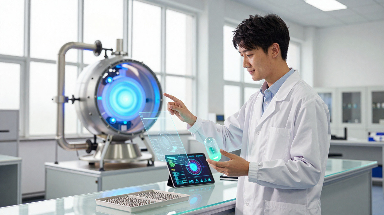 Scientist in lab coat using holographic interface and tablet with futuristic lab equipment in background.