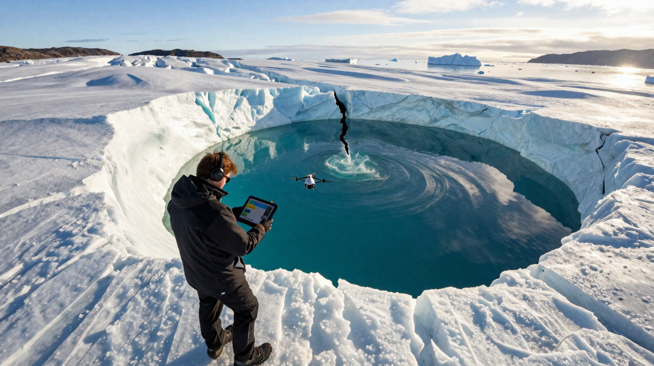 Person operating a drone near a large icy sinkhole filled with water in a polar landscape.