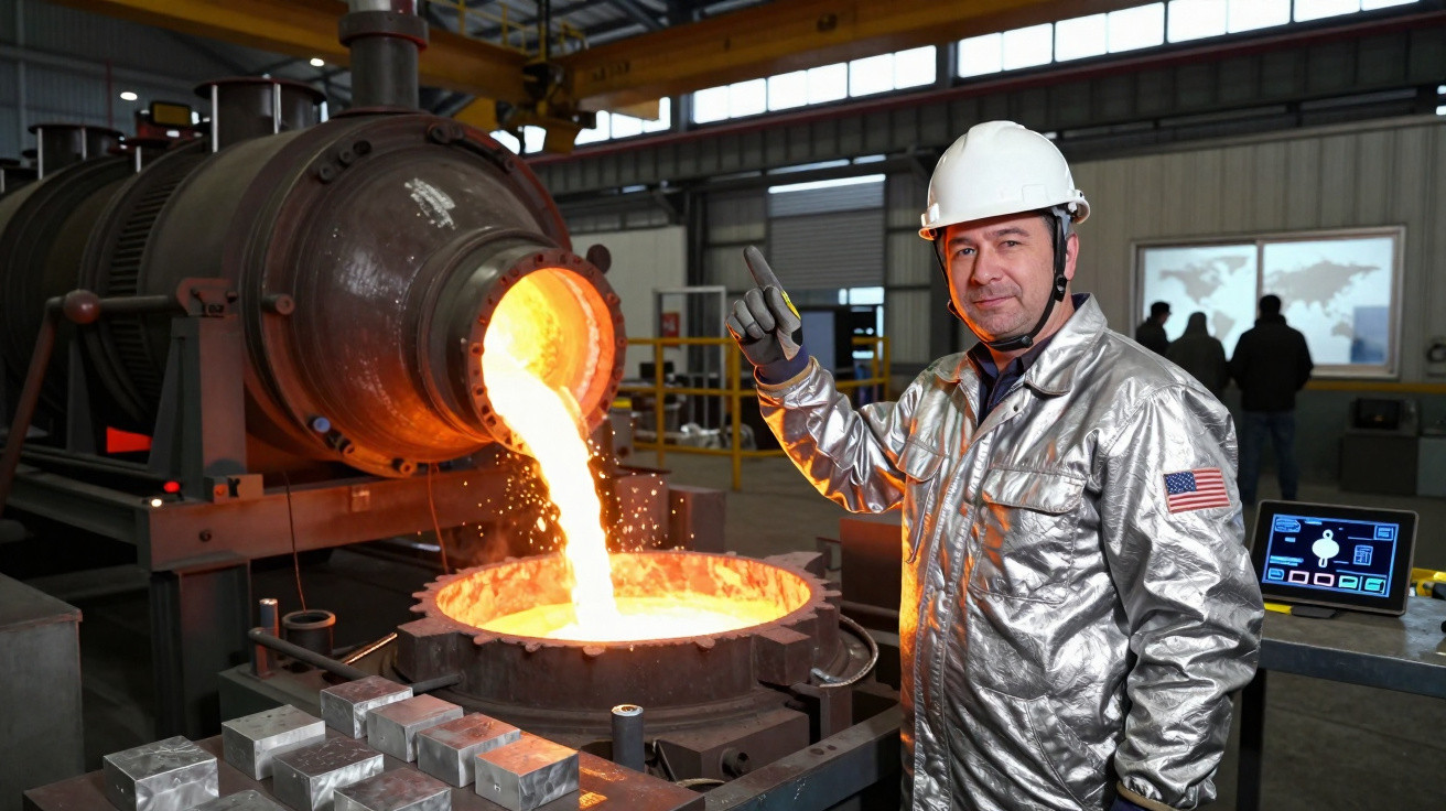 Man in protective gear pouring molten metal into a mould inside an industrial foundry.