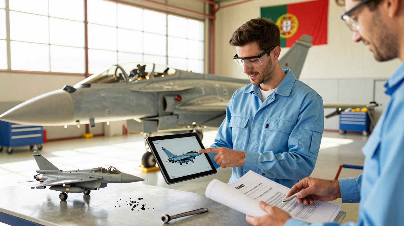 Two engineers in blue overalls discussing a fighter jet model and tablet in an aircraft hangar.