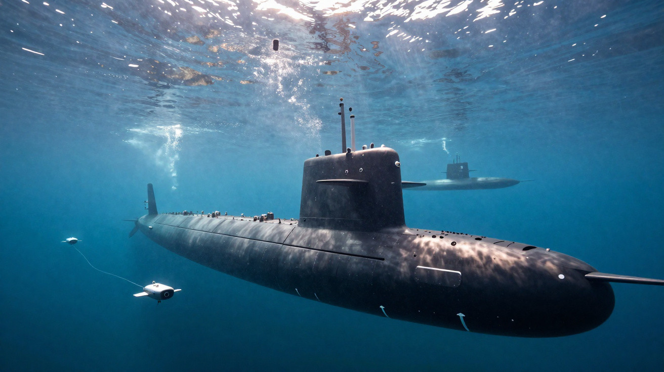 Two black submarines submerged underwater with one deploying a small unmanned underwater vehicle.