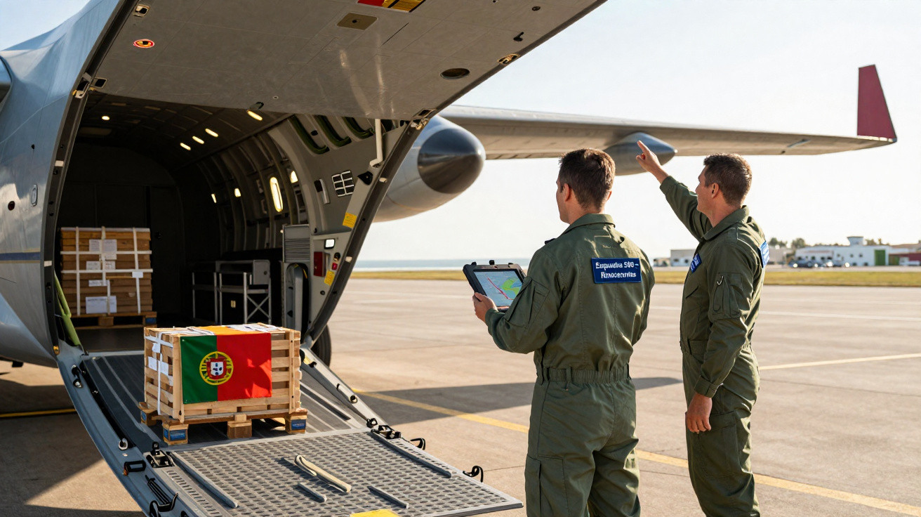 Two uniformed personnel oversee loading crates, one with a Portuguese flag, into a cargo plane on an airport ramp.