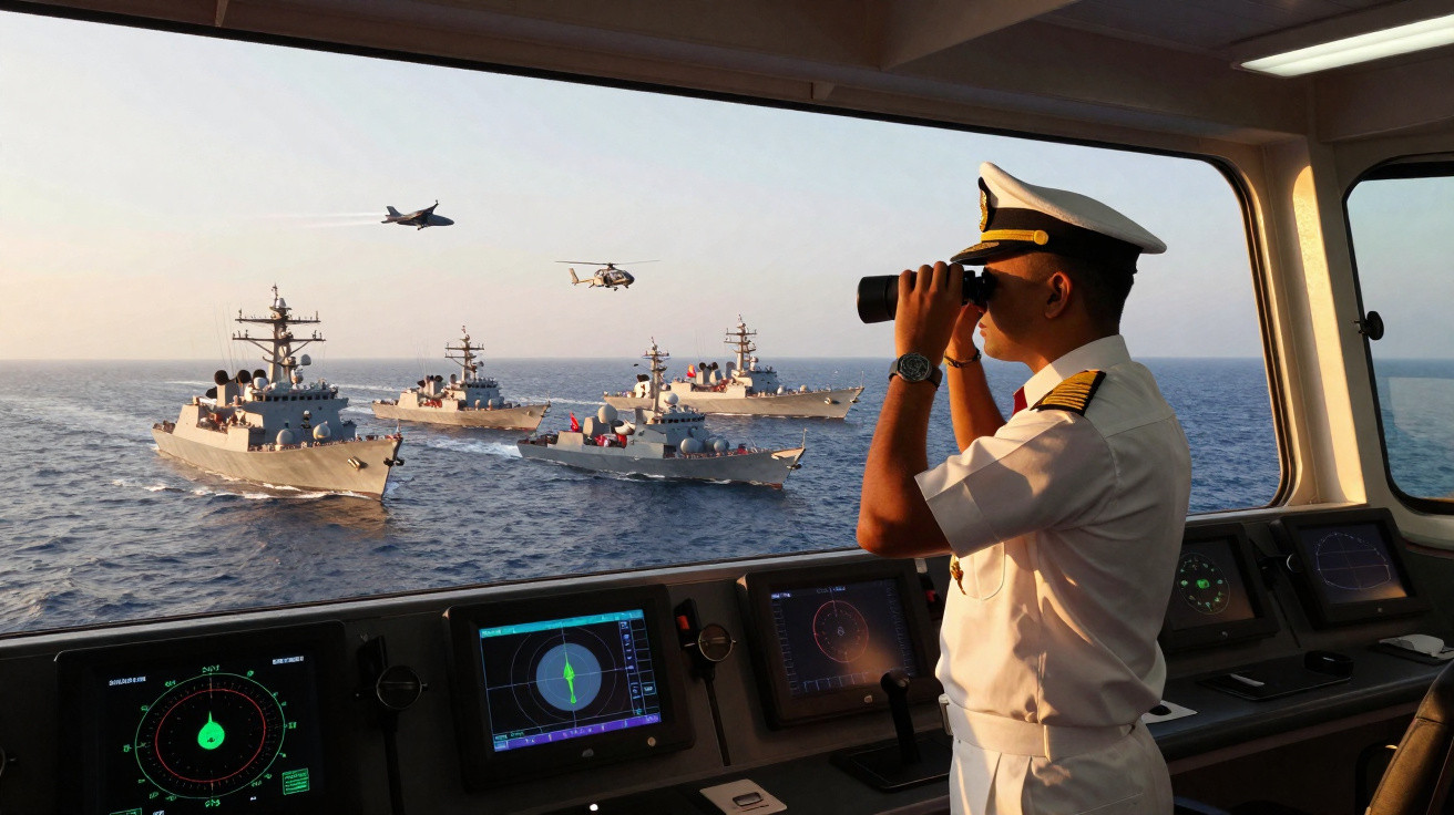 Naval officer in white uniform using binoculars on ship bridge observing fleet, helicopter, and plane at sea.