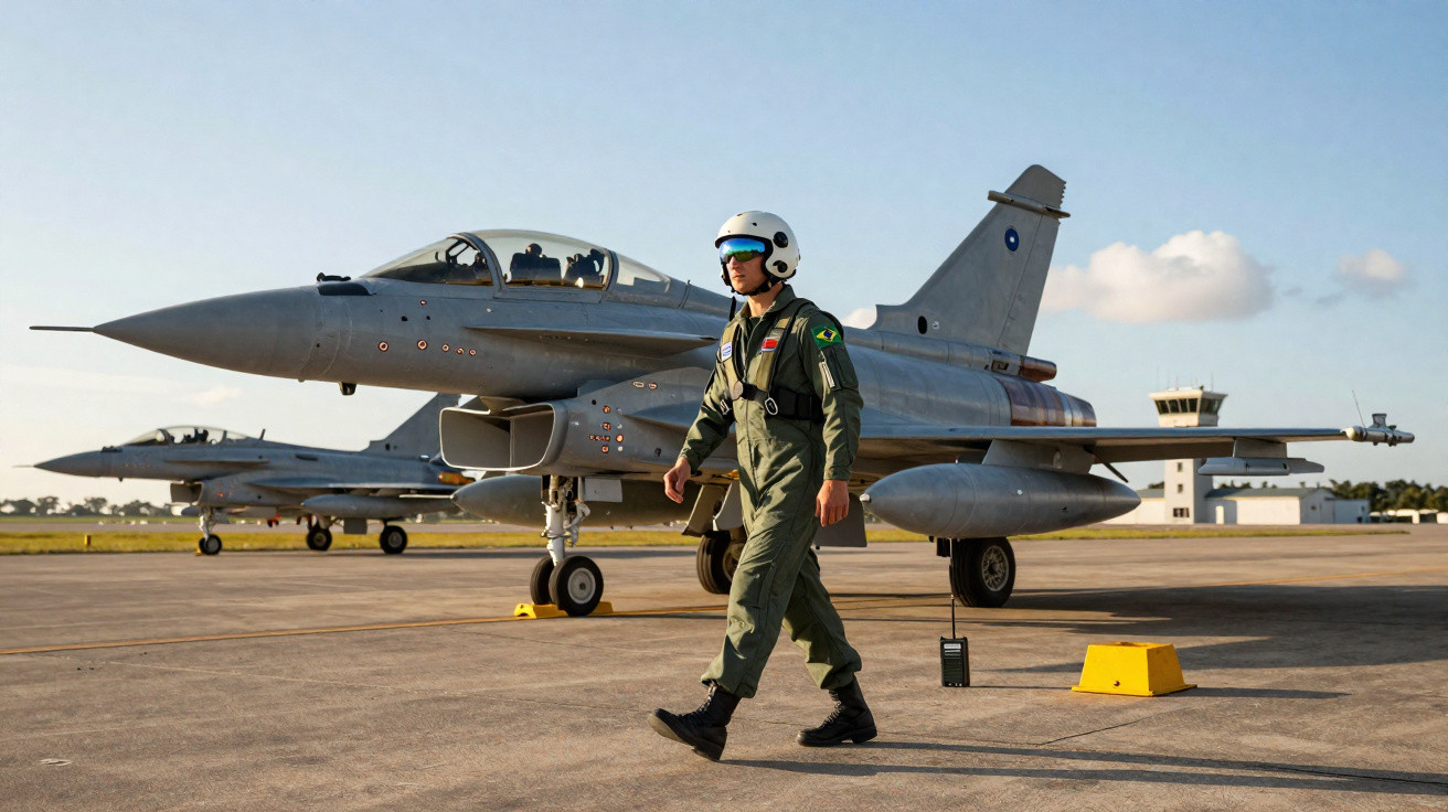 Pilot in flight suit walking past a parked grey military jet on an airbase runway with clear sky.