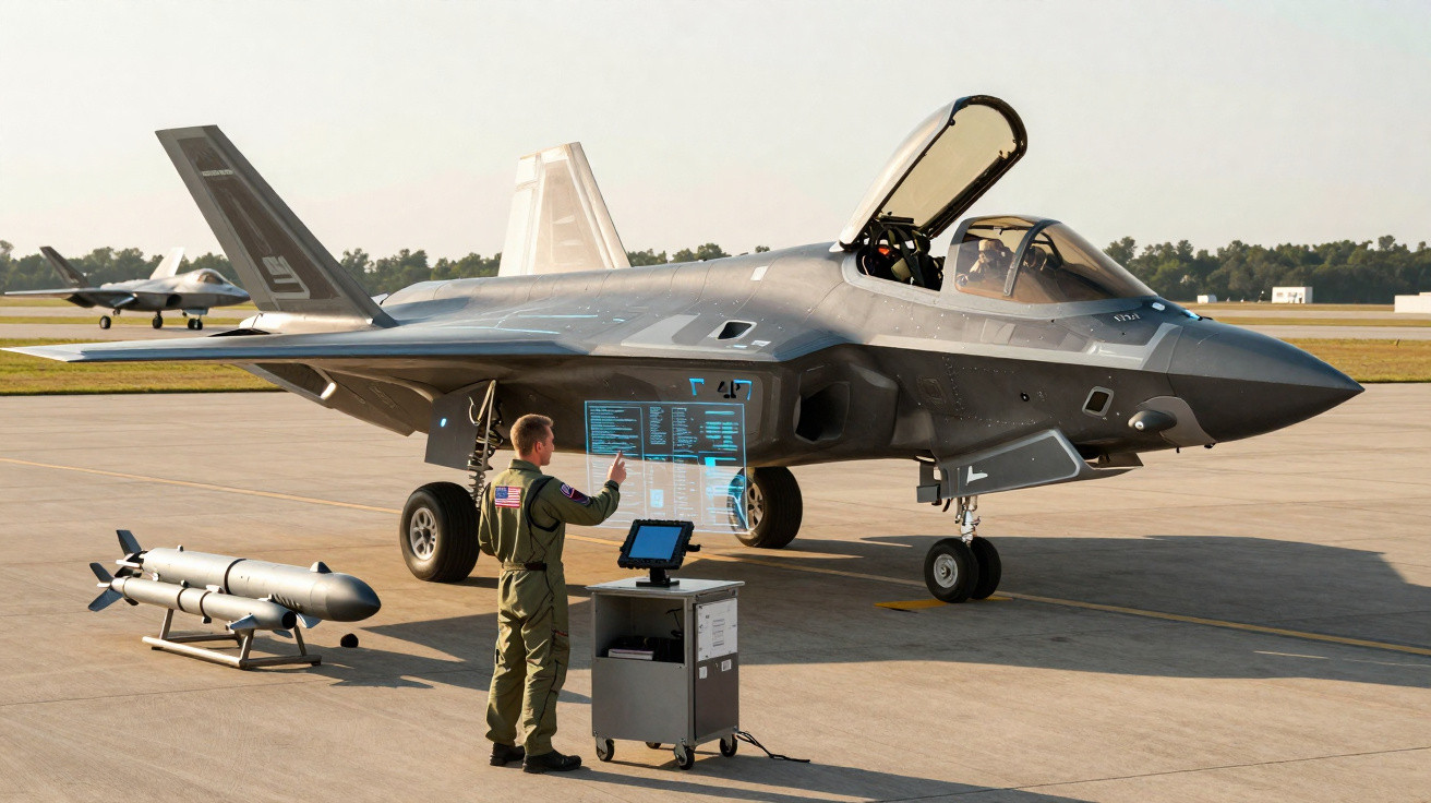 Military pilot interacting with a touchscreen near a stationary fighter jet on an airfield.