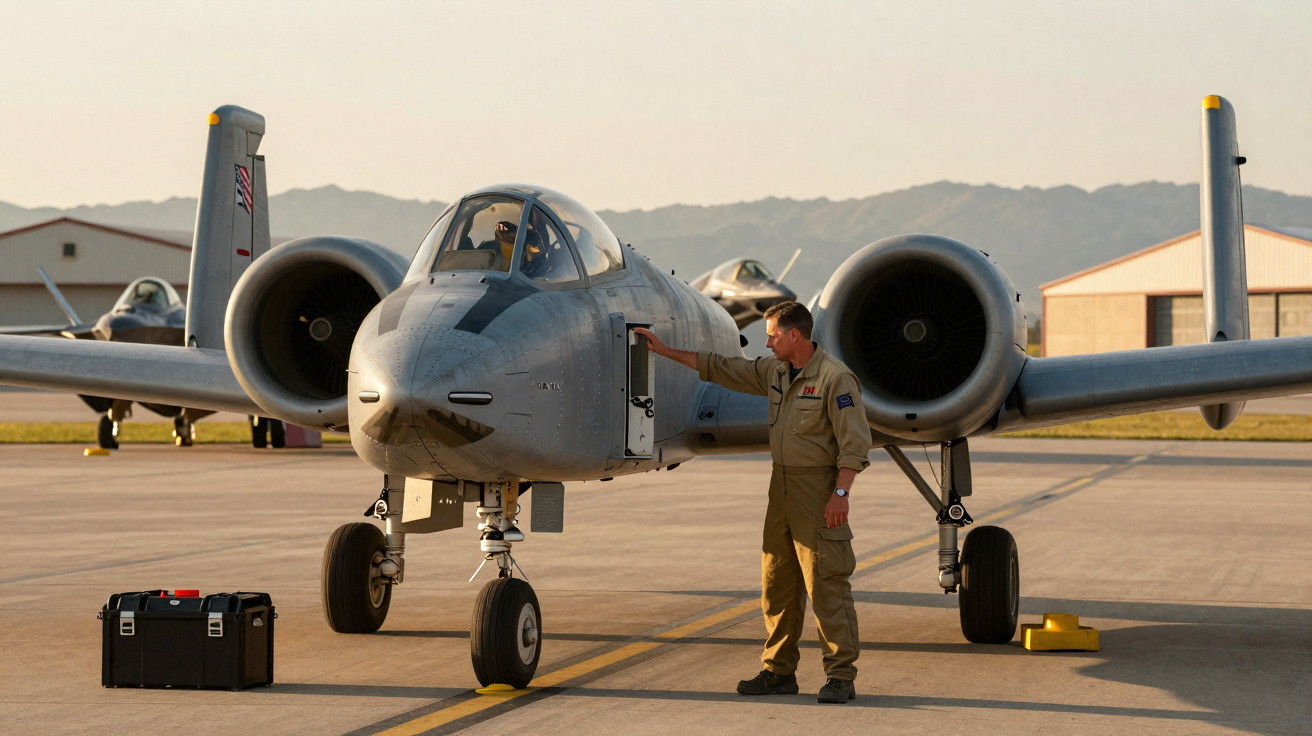 Military personnel inspecting an A-10 Thunderbolt II aircraft on an airfield at sunset.