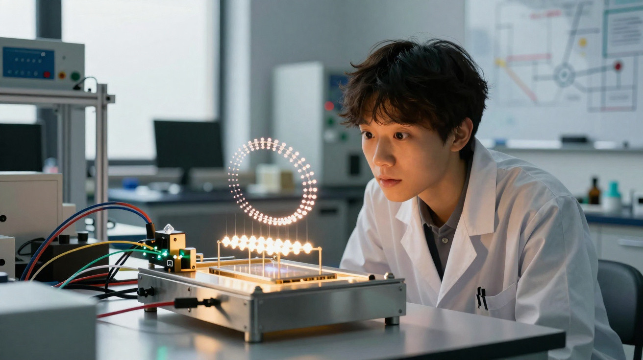 Scientist in lab coat observing a 3D holographic projection of glowing particles in a laboratory setting.
