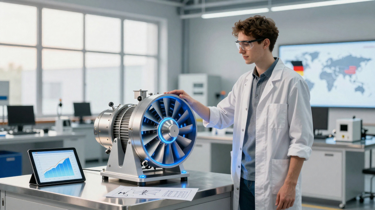Scientist in lab coat examining a turbine model on a table with a tablet displaying a graph nearby.