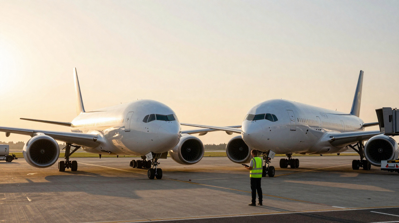 Two large airplanes parked on a runway with a person in a high-visibility vest standing nearby at sunset.