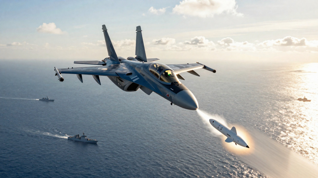 Military fighter jet firing a missile over the ocean with naval ships in the background during sunset.
