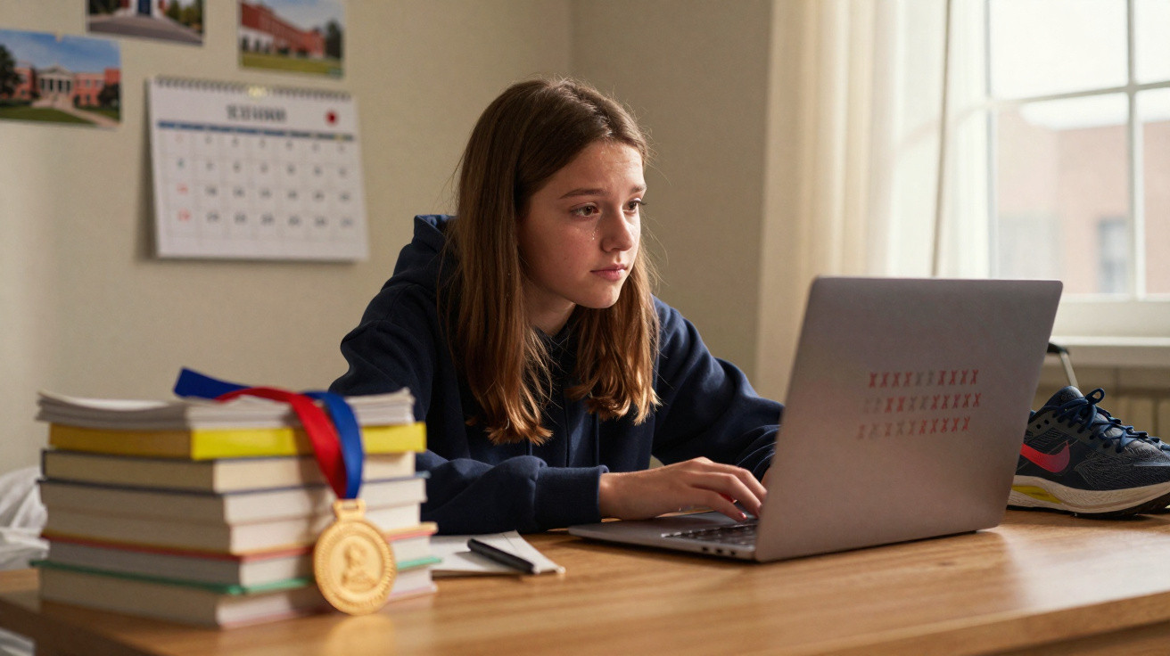 Teenage girl focused on her laptop at a desk with a stack of books, a medal, and a pair of trainers nearby.