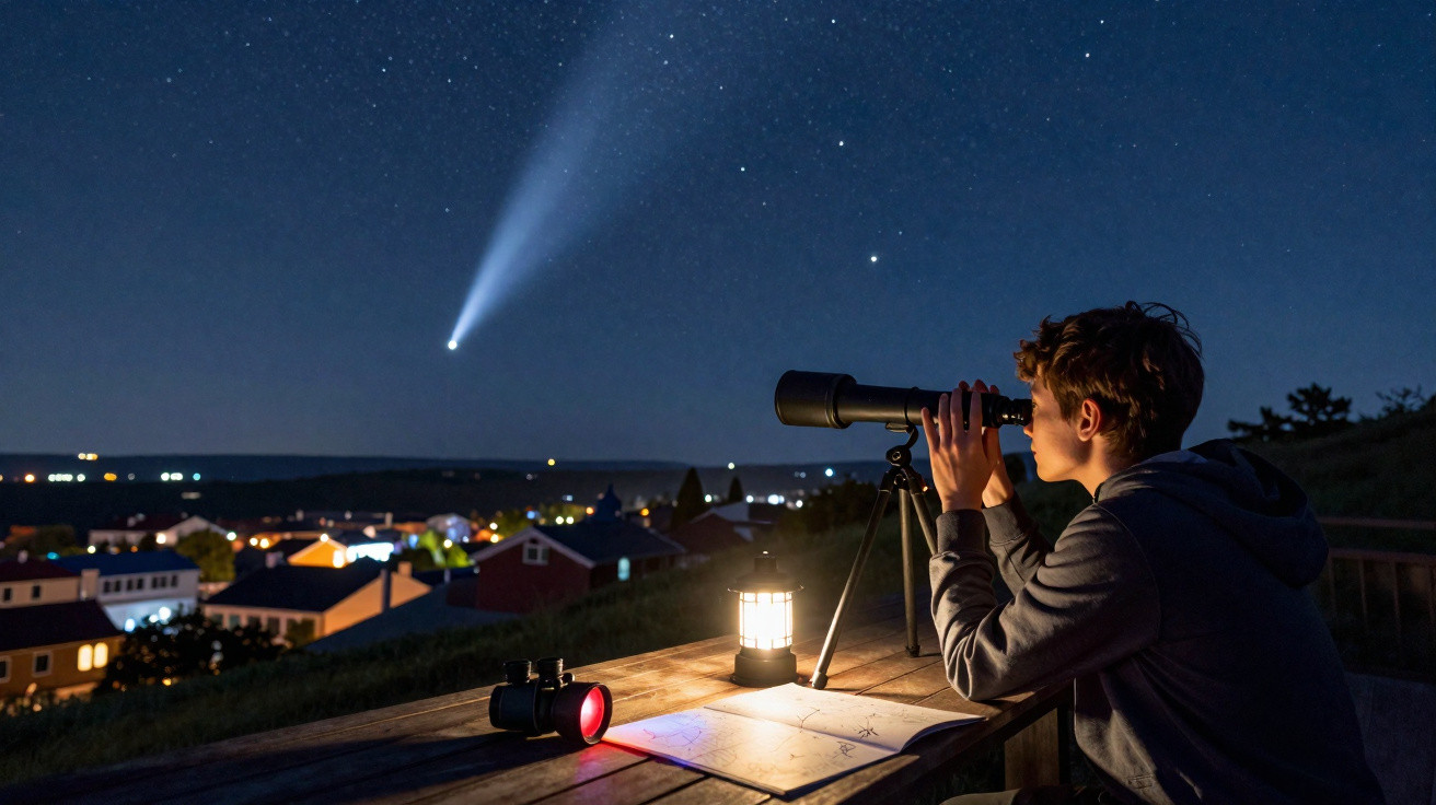Young person using a telescope at night on a wooden table with a comet visible in the starry sky above a village.