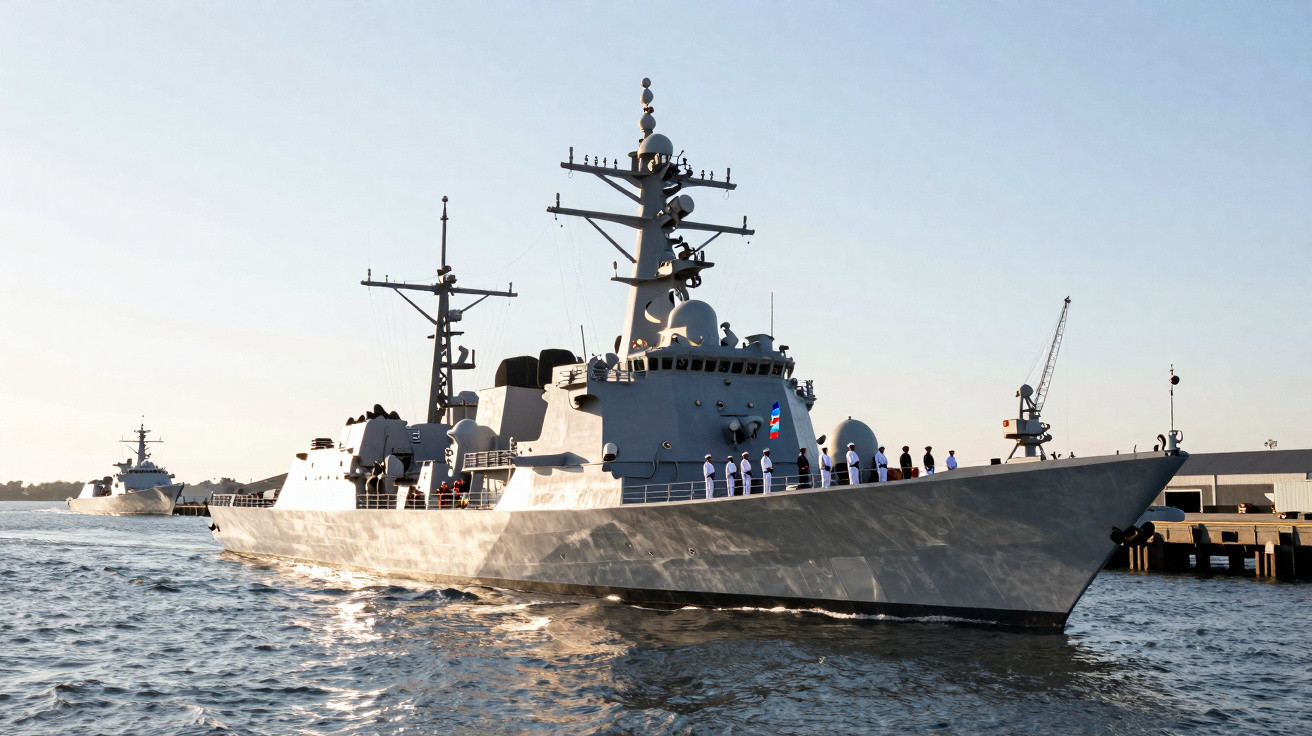 Naval warship with crew standing on deck sailing near harbour at sunset under clear sky.