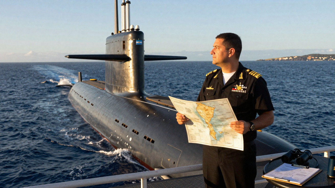 Naval officer holding a map on a submarine deck with the vessel in the sea and land in the distance.