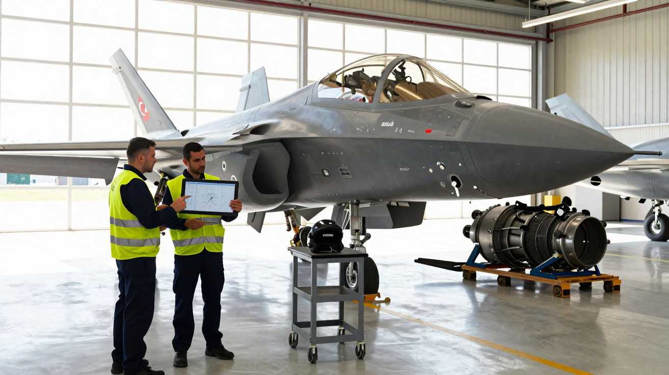 Two technicians in high-visibility vests inspecting a military jet fighter inside an aircraft hangar.