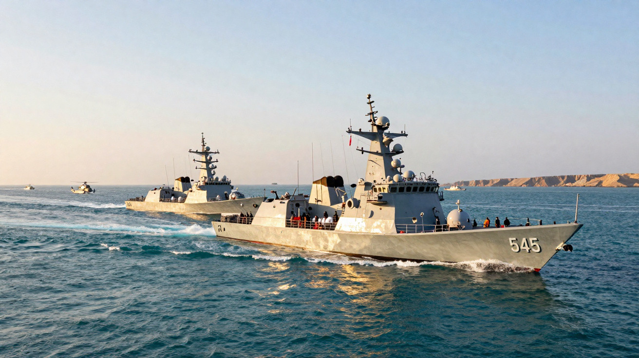Two naval warships cruising on calm sea waters near a rocky coastline under a clear sky.