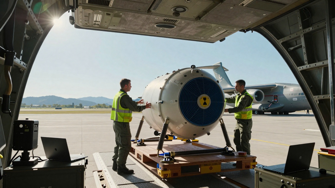 Two men in high-visibility vests loading a large bomb-shaped object onto an aircraft on a runway.