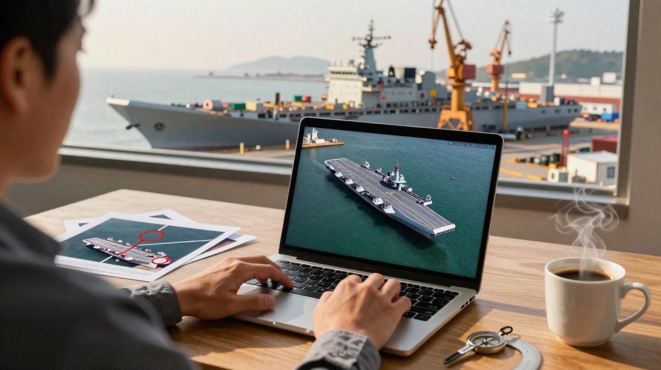 Person working on a laptop with an aircraft carrier image, naval ship in background, coffee cup, and papers on table.