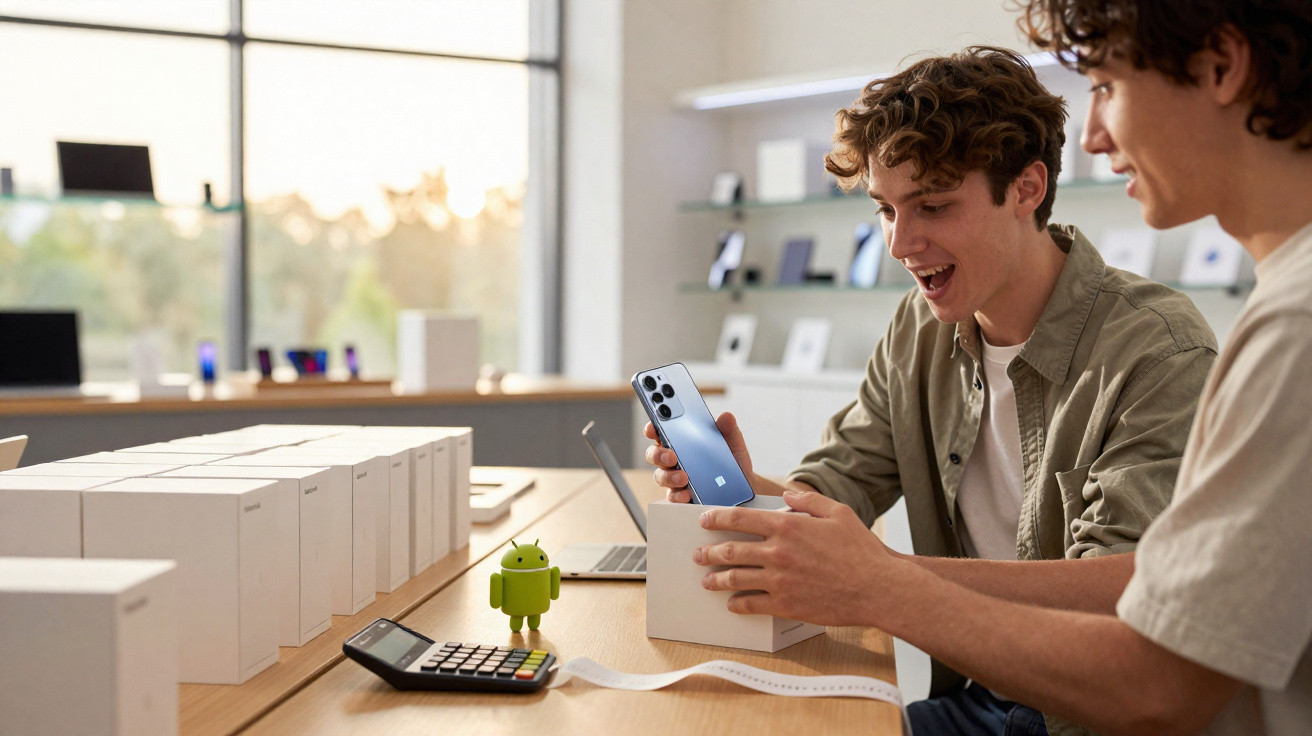 Two young men unboxing a new smartphone in a brightly lit store with Android mascot and calculator nearby.