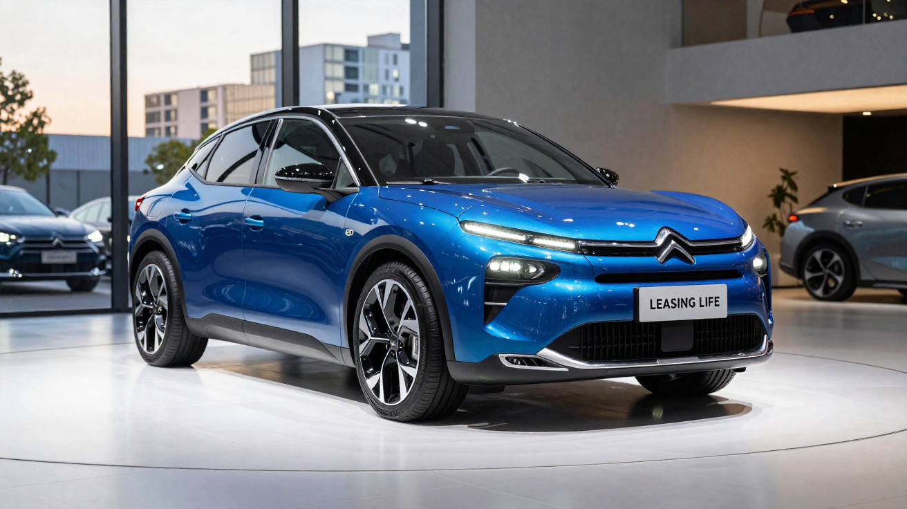 Blue Citroën electric SUV displayed in showroom with "Leasing Life" plate, modern urban background.