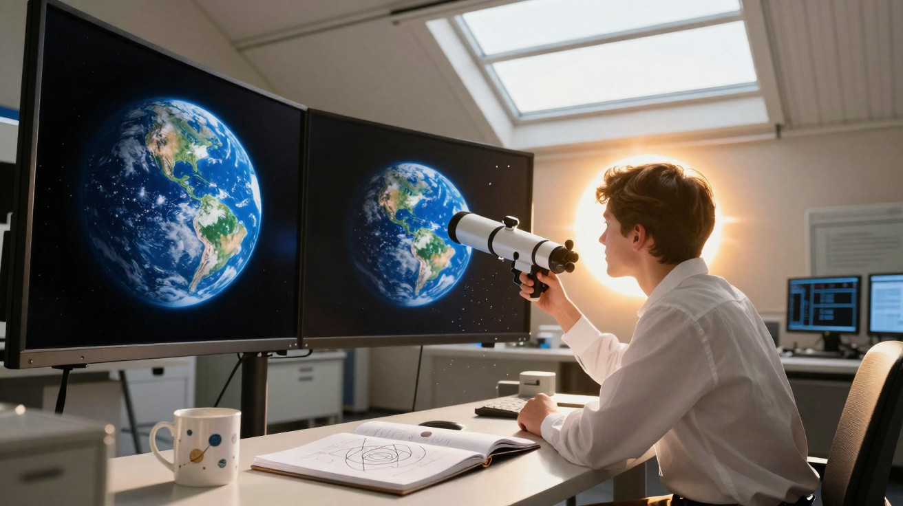 Young man using a telescope to observe Earth images on two computer monitors in a bright room.