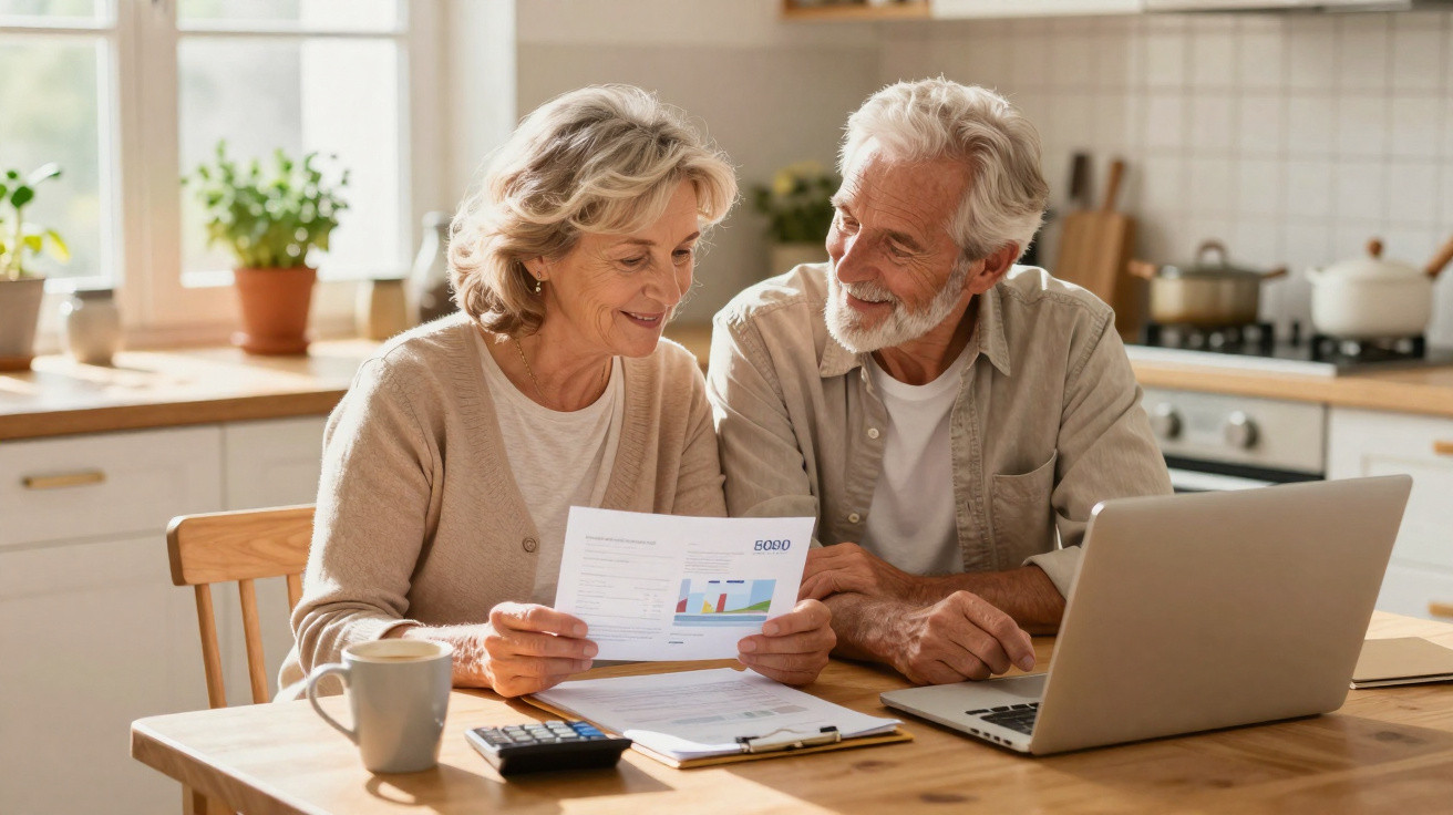 Elderly couple reviewing financial documents at a wooden kitchen table with laptop and calculator.
