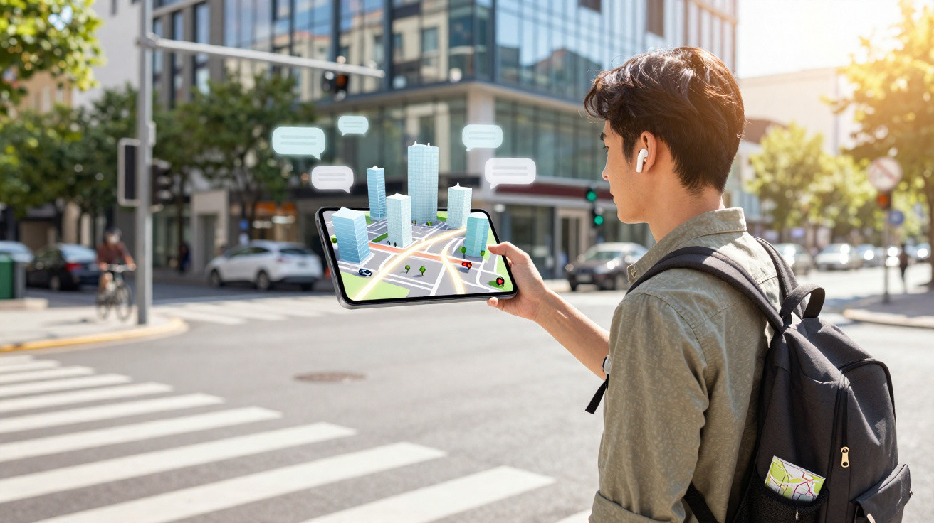 Young man using augmented reality map on tablet while standing at city crosswalk in daylight.