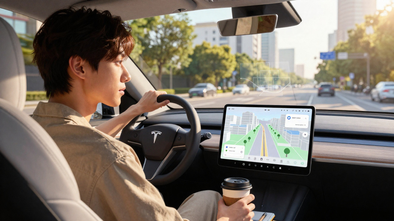 Person driving a Tesla holding a coffee cup with navigation displayed on the central touchscreen during daytime.