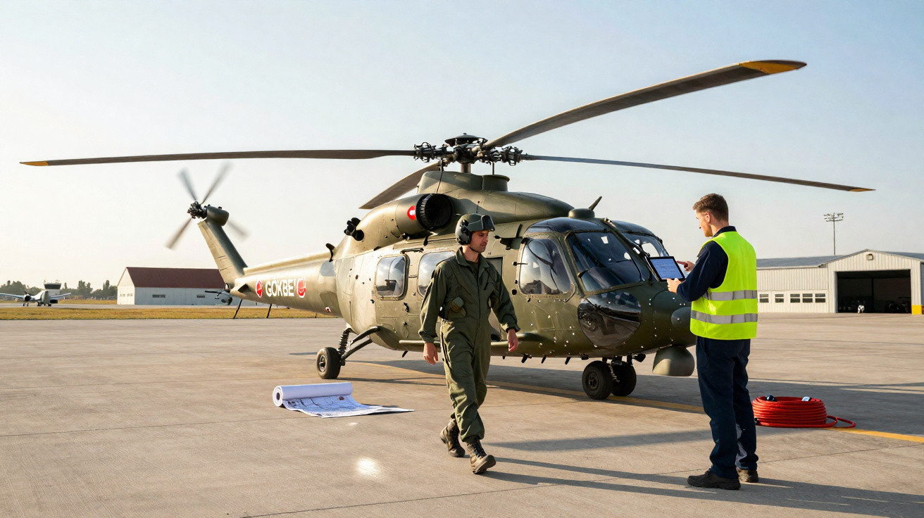 Military helicopter on tarmac with flight crew in uniform conducting pre-flight checks on a clear day.